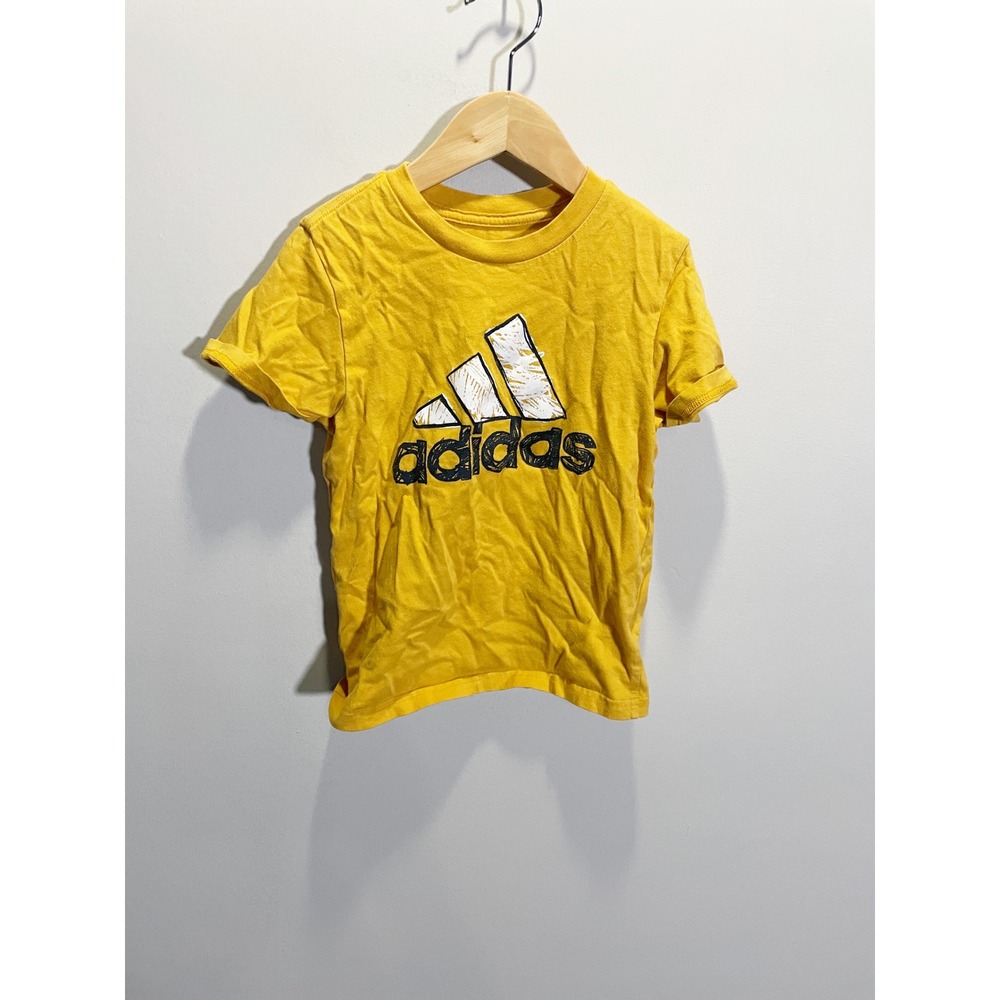 Adidas Graphic T-Shirt Kids Size 6 Yellow Scribble Logo Short Sleeve Activewear